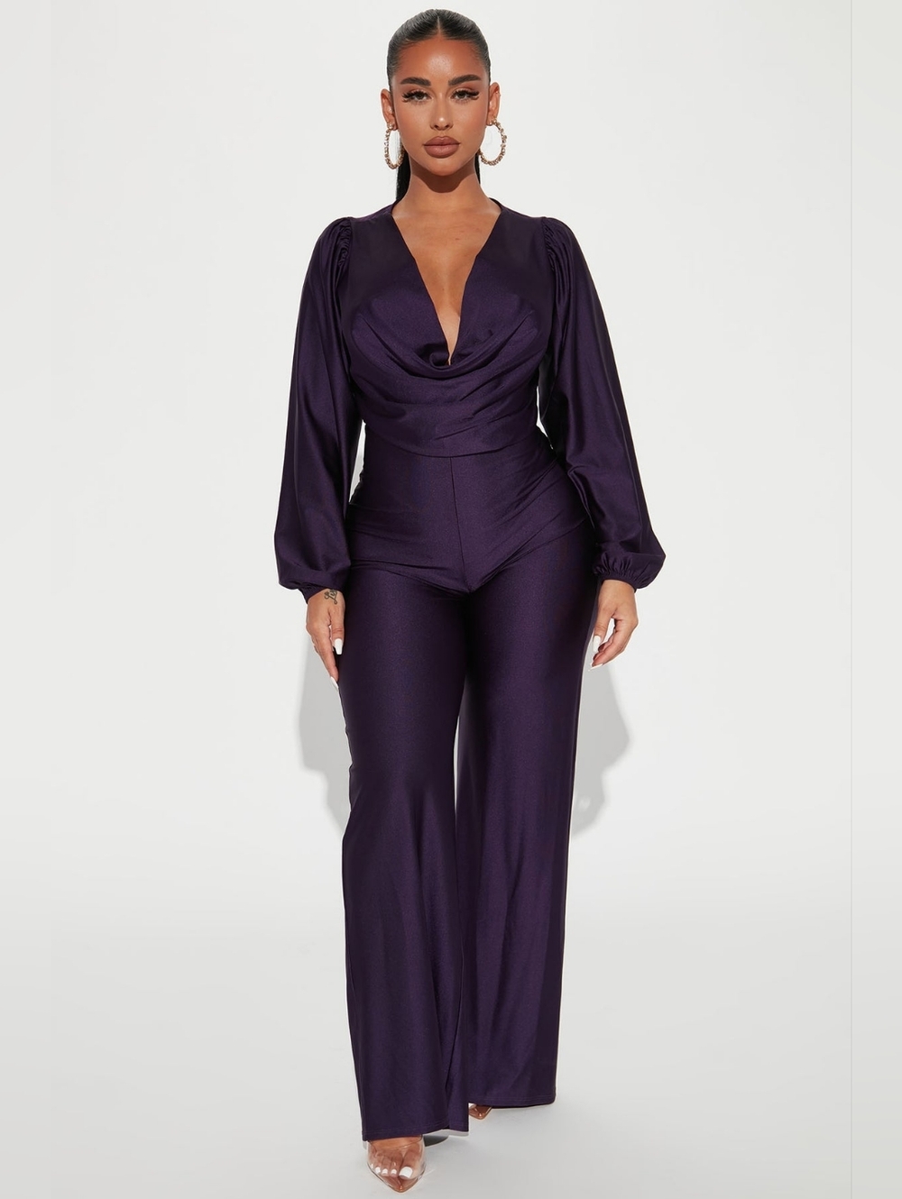 Fashion Nova Draped V-Neck Long Sleeve Jumpsuit in Deep Plum